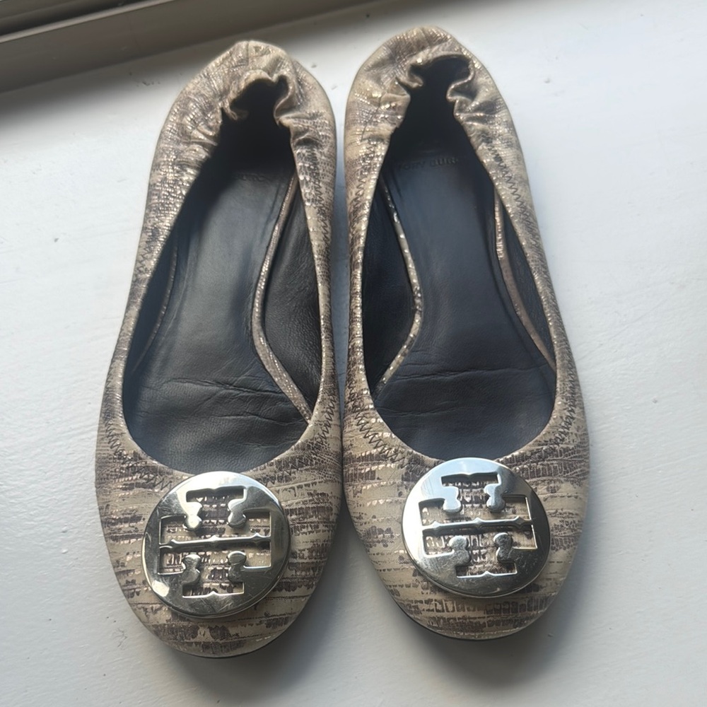 Tory Burch Tan Flats with Logo Medallion
